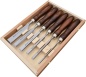 Preview: PREMIUM SLIM CHISEL with round handle ash brown, blade finely ground with side bevel up to the back 6-piece. Set in wooden box LASER MHG Contents: 6,10,12,16,20,26 mm