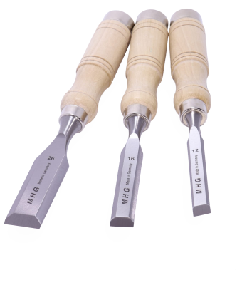 Preview: Kurzbeitelsatz 3-tlg im Holzkasten, Rundheft Weißbuche, Inhalt: 12, 16, 26 mm