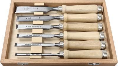 Stechbeitel - Satz im Holzkasten, Weißbuchenheft / Klinge feingeschliffen, 6 tlg. Größen: 6, 10, 12, 16, 20, 26 mm