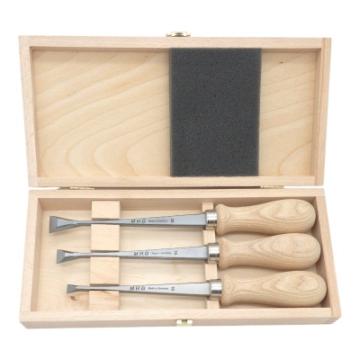 FISHTAIL MHG-Chisel, Set 3tlg., Satz im Holzkasten, Klinge feinstgeschliffen, Inhalt: 10,16, 20 mm 