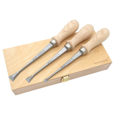 Preview: FISHTAIL MHG-Chisel, Set 3tlg., Satz im Holzkasten, Klinge feinstgeschliffen, Inhalt: 10,16, 20 mm 