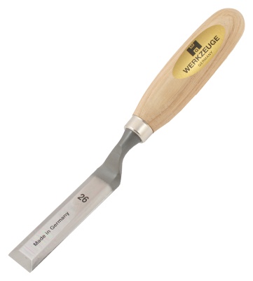 Chisel-premium with round handle, oiled ash, 10 to 26mm, angled blade,  polished, ultra-fine finishing on the bottom