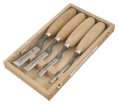 Chisel-premium - set in wooden box, with round handle, oiled ash, angled blade,  polished, ultra-fine finishing on the bottom, 4 pcs. sizes: 10, 16, 20, 26 mm
