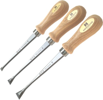 FISHTAIL MHG-Chisel, Set 3tlg., Satz im Holzkasten, Klinge feinstgeschliffen, Inhalt: 10,16,20 mm 