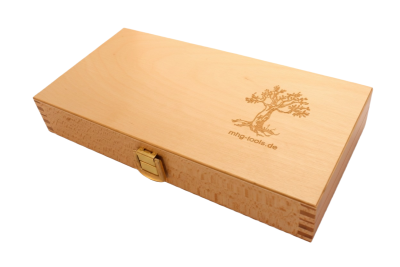 Preview: Kurzbeitelsatz 3-tlg im Holzkasten, Seitenfase bis Spiegelseite, Rundheft Weißbuche, Inhalt: 12, 16, 26 mm