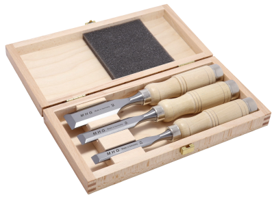 Kurzbeitelsatz 3-tlg im Holzkasten, Rundheft Weißbuche, Inhalt: 12, 16, 26 mm