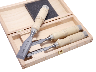 Preview: Kurzbeitelsatz 3-tlg im Holzkasten, Rundheft Weißbuche, Inhalt: 12, 16, 26 mm