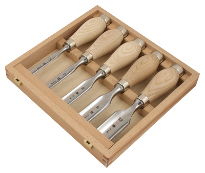 Set Gouges chisels 5 pcs. in wooden box - sizes: 12, 16, 20, 26, 32 mm