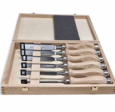 Stechbeitel-Premium, 6tlg. Satz im Holzkasten, Seitenfase bis Spiegelseite, Rundheft Esche, Inhalt: 6, 10, 12, 16, 20, 26 mm