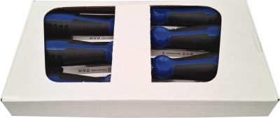 Firmer chisels - set in window carton box, 2-part-comp. plastic handle with impact button, fine-honed blade, 6 pcs. sizes: 6, 10, 12, 16, 20, 26 mm