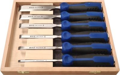 Firmer chisels - set in wooden box, 2-part-comp. plastic handle with impact button, fine-honed blade, 6 pcs. sizes: 6, 10, 12, 16, 20, 26 mm