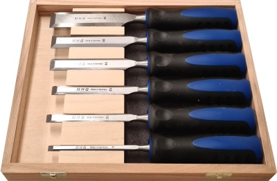 Firmer chisels - set in wooden boxn, 2-part-comp. plastic handle without impact button, polished blade, 6 pcs. sizes: 6, 10, 12, 16, 20, 26 mm