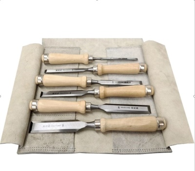Firmer chisels - set in roll bag Leder, hornbeam handle / fine-honed blade, 6 pcs. sizes: 6, 10, 12, 16, 20, 26 mm