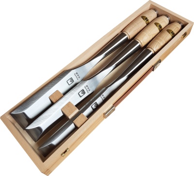 Timber Tools - Satz im Holzkasten, 3tlg. - Größen: gerade Schneide 1", 1 1/2", 2"