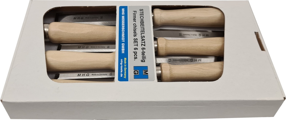 Firmer chisels - set in window carton box, hornbeam handle / fine-honed blade, 6 pcs. sizes: 6, 10, 12, 16, 20, 26 mm