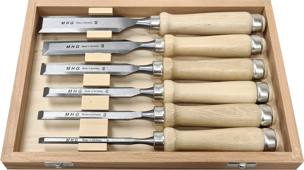 Firmer chisels - set in wooden box, hornbeam handle / polished blade, 6 pcs. sizes: 6, 10, 12, 16, 20, 26 mm