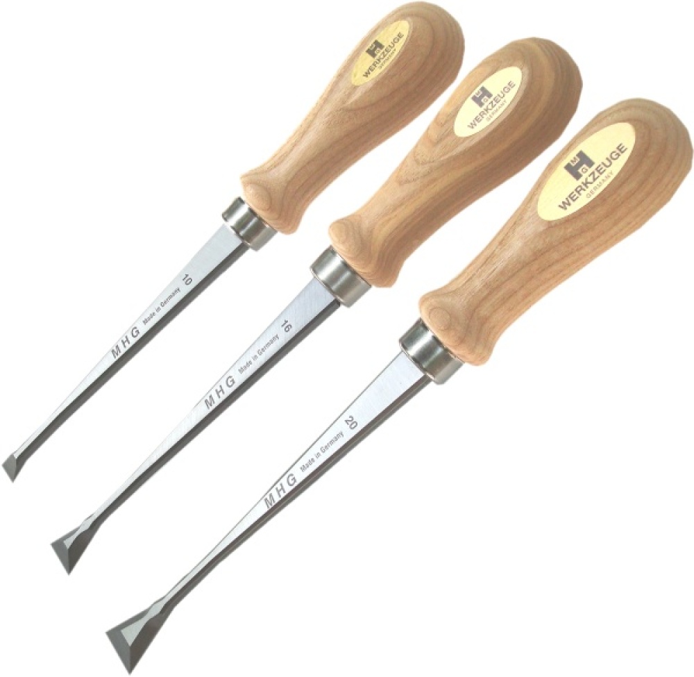 FISHTAIL MHG-Chisel, Set 3tlg., Satz im Holzkasten, Klinge feinstgeschliffen, Inhalt: 10,16,20 mm 