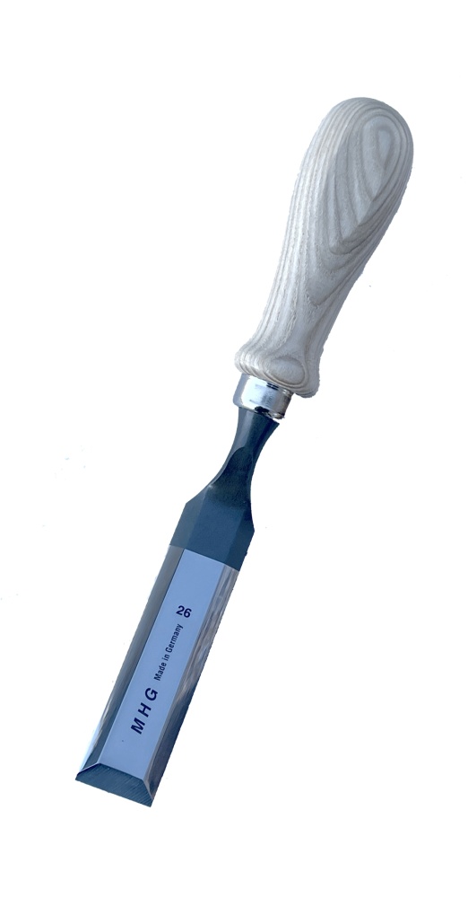 Stechbeitel-Premium mit Heft Esche ohne Zwinge 16 mm, Klinge gekröpft, poliert, Feinstschliff auf Unterseite