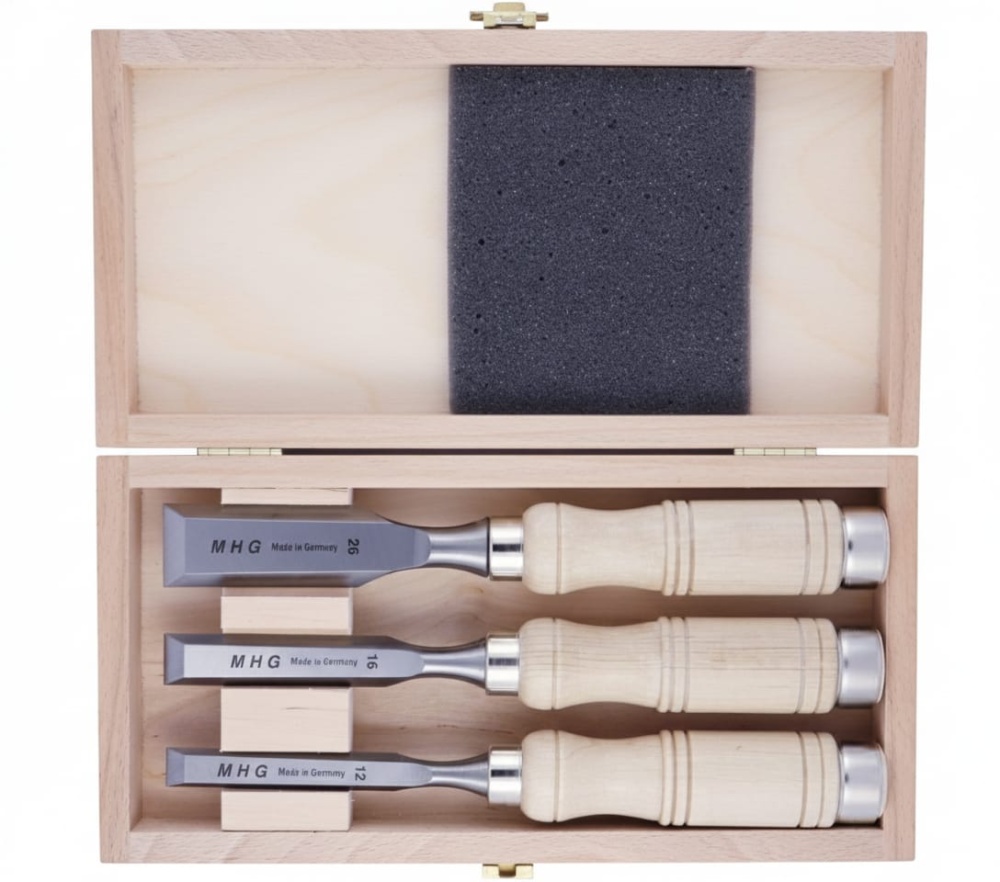 Kurzbeitelsatz 3-tlg im Holzkasten, Seitenfase bis Spiegelseite, Rundheft Weißbuche, Inhalt: 12, 16, 26 mm