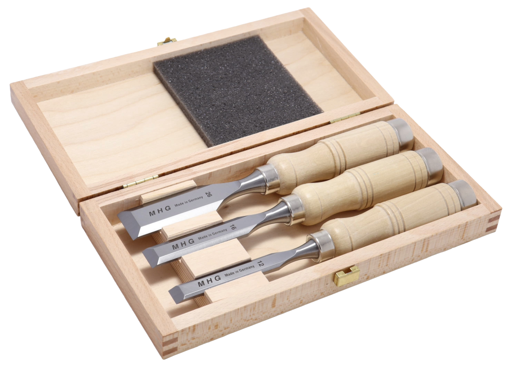 Kurzbeitelsatz 3-tlg im Holzkasten, Rundheft Weißbuche, Inhalt: 12, 16, 26 mm