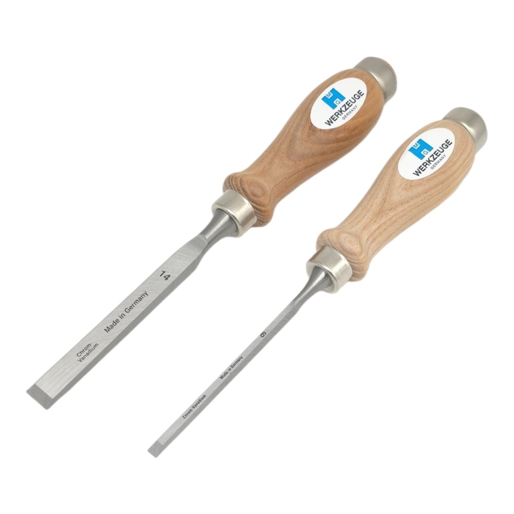 Stechbeitel-Premium, 2-tlg Set, Seitenfase bis Spiegelseite, Rundheft Esche, Inhalt: 6, 14 mm