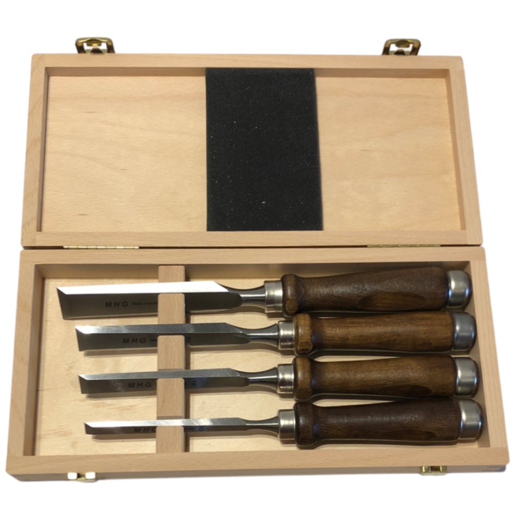 Firmer chisel set in wooden box, hornbeam handle brown, blade side grain to mirror side, 4 pcs. sizes 10,16,20,26 mm