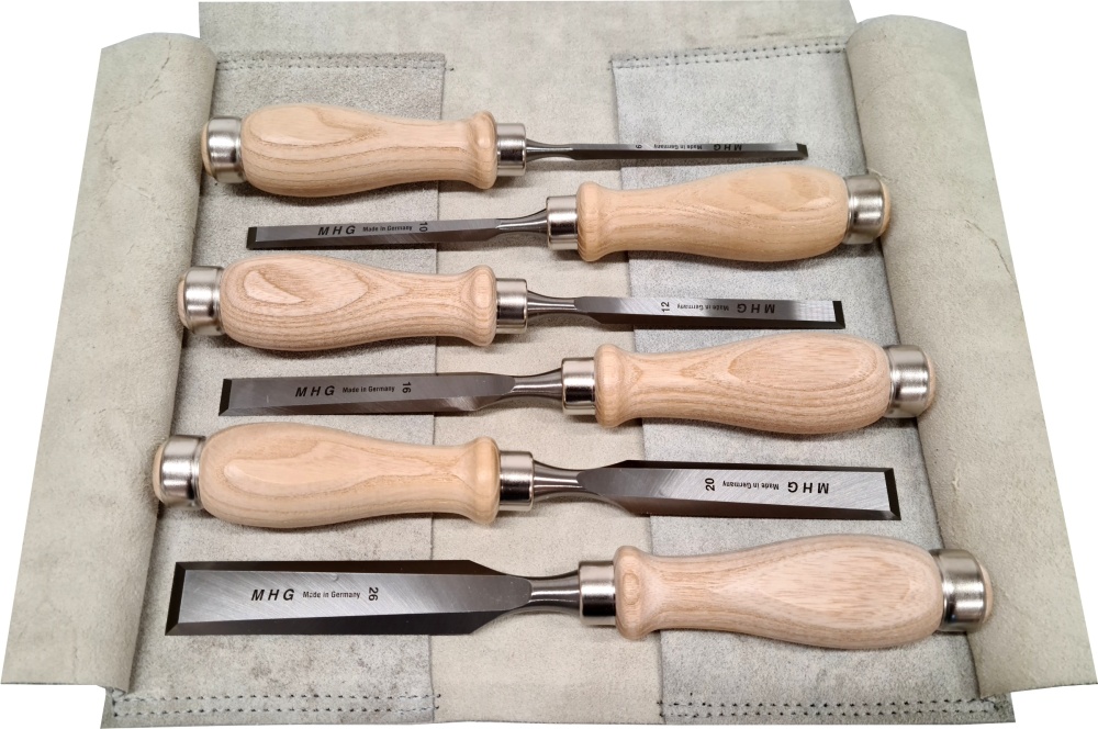 Stechbeitel-Premium, Seitenfase bis Spiegelseite, Rundheft Esche geölt, 6tlg. Satz in Lederrolltasche, BAUM, Inhalt: 6, 10, 12, 16, 20, 26 mm