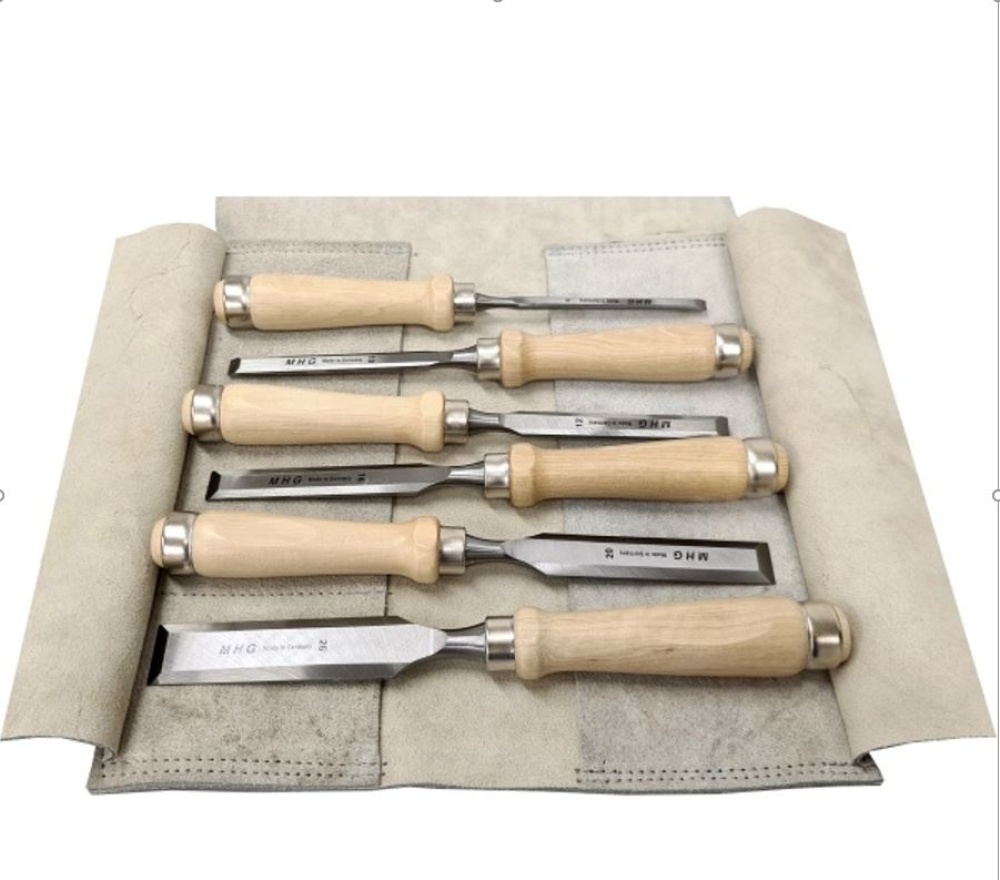 Firmer chisels - set in roll bag Leder, hornbeam handle / fine-honed blade, 6 pcs. sizes: 6, 10, 12, 16, 20, 26 mm
