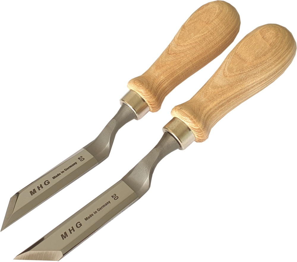 Schrägbeitel gekröpft 2-tlg SET rechts und links, Rundheft Esche ohne Zwinge, Klinge poliert, 20 mm, Schneide  45°